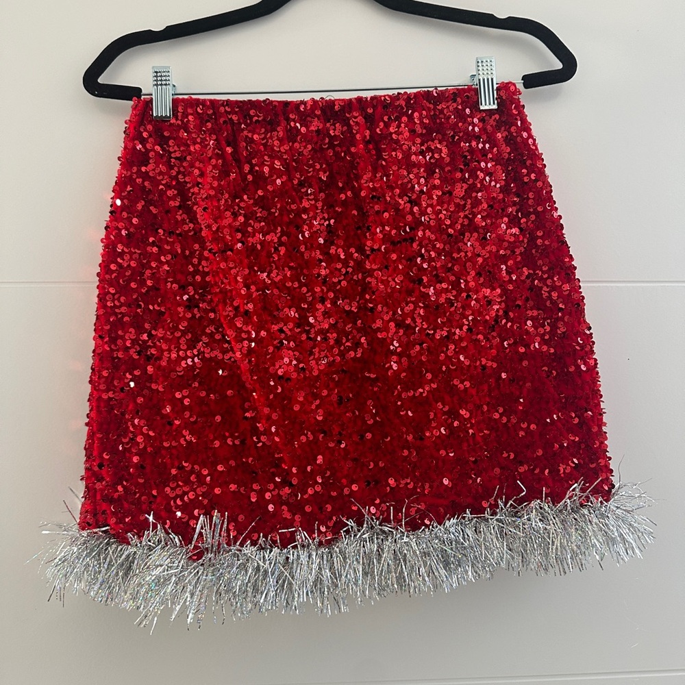 Love on a Hanger Red Sequin Christmas Mini Skirt Holiday Festive Trim | Size S - Picture 11 of 12